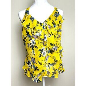 Kut from‎ the Kloth Top Floral Print Gauzy Ruffle Neck Top Size M Yellow